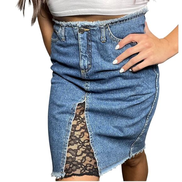 Vintage Tag Rag Culture Denim & Lace Raw Hem Y2K Light Academia Skirt Size 9 - Picture 2 of 7